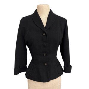 Vintage 1940s Lipman Wardrobe Black Wool Fitted Jacket With Button Front Pleated